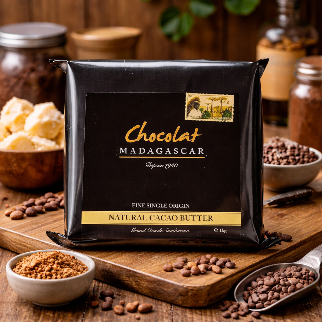 The image showcases a package of Chocolat Madagascar Natural Cacao Butter with its sleek black design and golden lettering. The cacao butter is placed in a rustic kitchen setting, surrounded by cacao beans, a bowl of cocoa powder, a jar of honey, and some cocoa butter chunks. The background features a cozy, warm atmosphere with soft lighting, enhancing the natural ingredients used in making this premium butter.